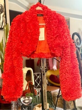 AKIRA Vibrant Red Textured Cropped Teddy Jacket